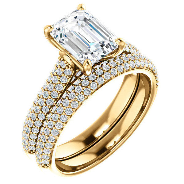 Emerald / Radiant Moissanite Pave Cathedral Engagement Ring