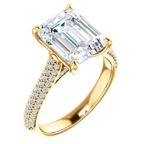 Emerald / Radiant Moissanite Pave Cathedral Engagement Ring