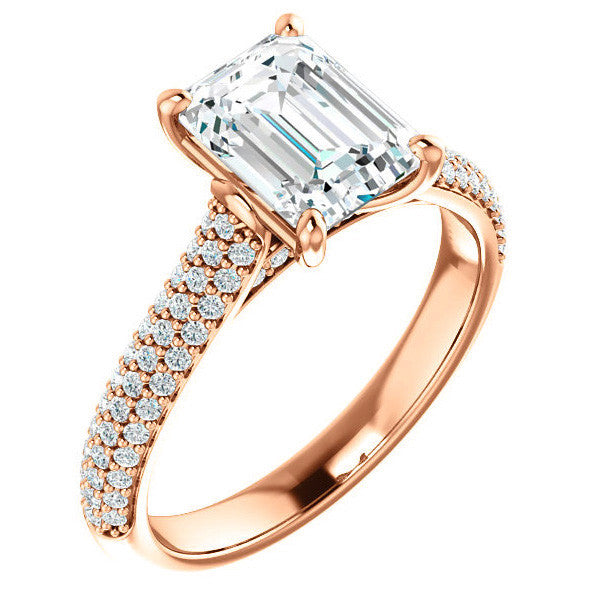 Emerald / Radiant Moissanite Pave Cathedral Engagement Ring
