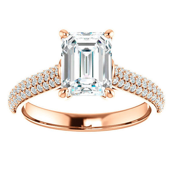 Emerald / Radiant Moissanite Pave Cathedral Engagement Ring