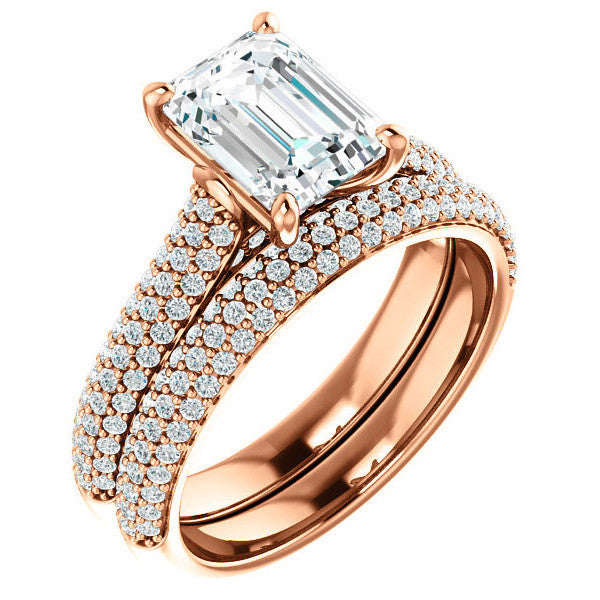 Emerald / Radiant Moissanite Pave Cathedral Engagement Ring