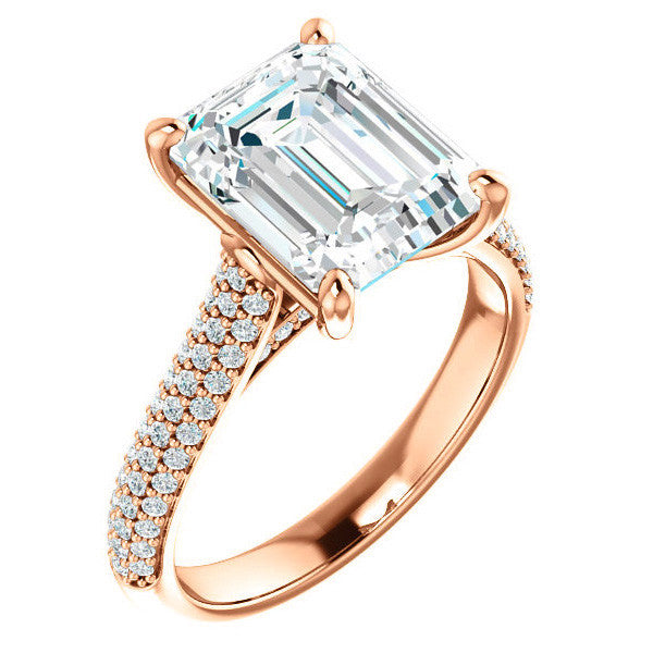 Emerald / Radiant Moissanite Pave Cathedral Engagement Ring