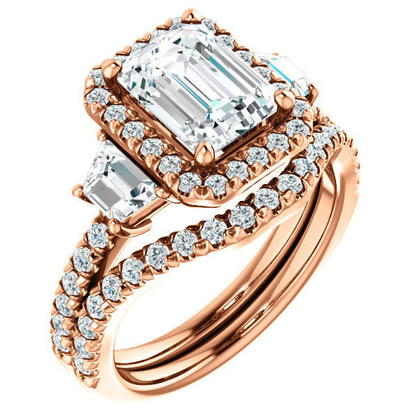 Emerald / Radiant Three Stone style Engagement Ring