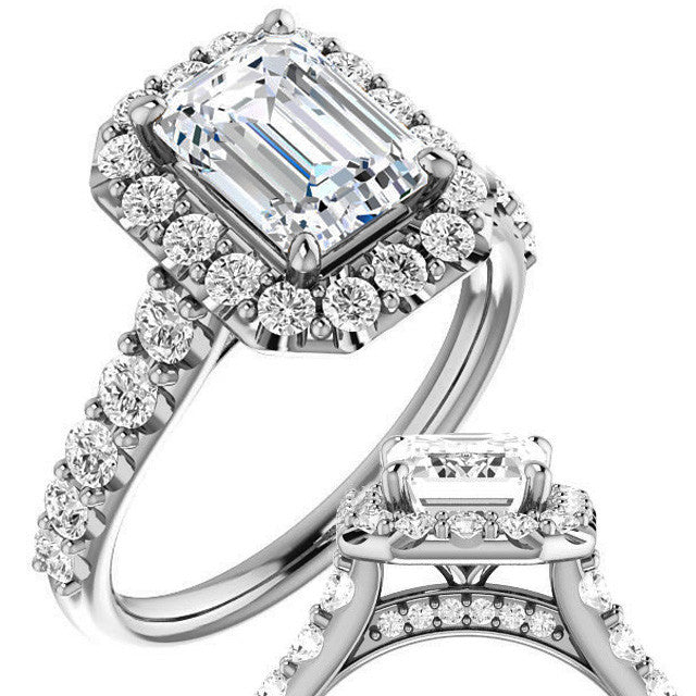 Emerald / Radiant Cut Halo Cathedral Engagement Ring