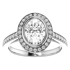 Oval Cut Moissanite Bezel Halo Engagement Ring