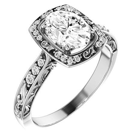 Oval Moissanite Antique Scroll Halo Engagement Ring