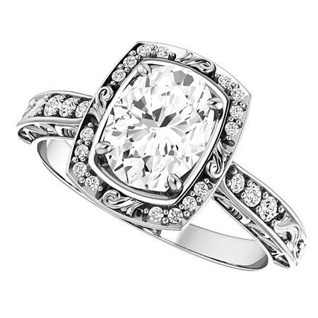 Oval Moissanite Antique Scroll Halo Engagement Ring