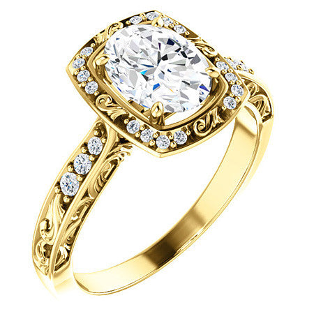 Oval Moissanite Antique Scroll Halo Engagement Ring