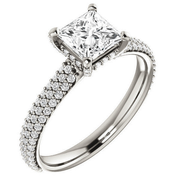Princess cut Moissanite Pave Style Engagement Ring