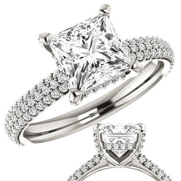 Princess cut Moissanite Pave Style Engagement Ring