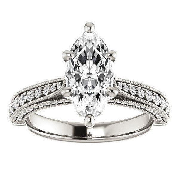 Marquise Moissanite Scroll Milgrain Engagement Ring