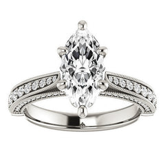 Marquise Moissanite Scroll Milgrain Engagement Ring