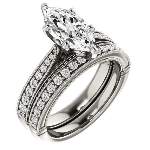 Marquise Moissanite Scroll Milgrain Engagement Ring