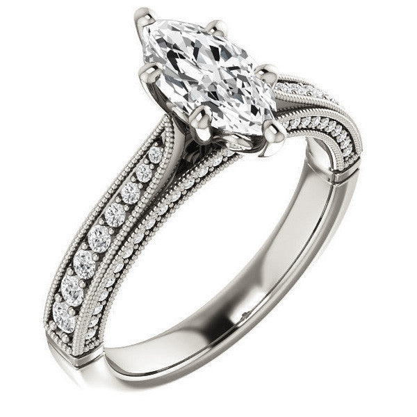 Marquise Moissanite Scroll Milgrain Engagement Ring