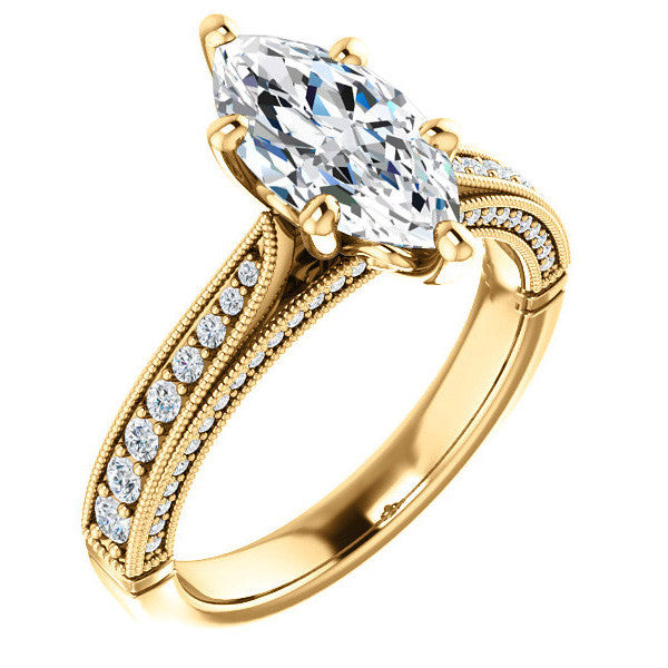 Marquise Moissanite Scroll Milgrain Engagement Ring
