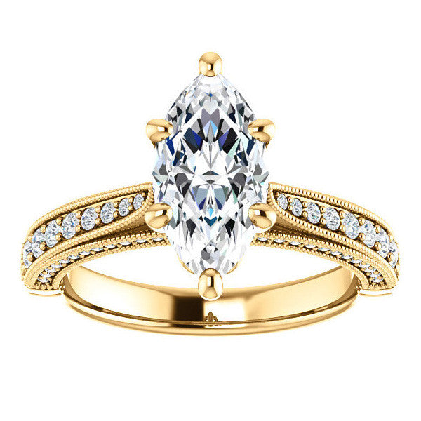 Marquise Moissanite Scroll Milgrain Engagement Ring
