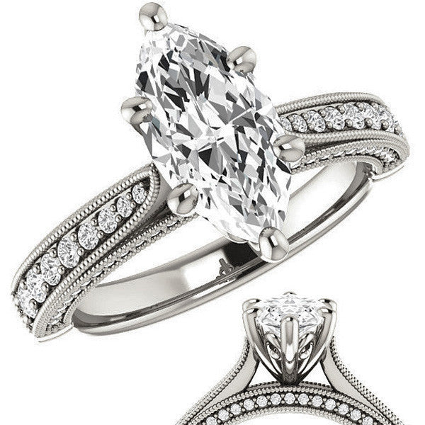 Marquise Moissanite Scroll Milgrain Engagement Ring