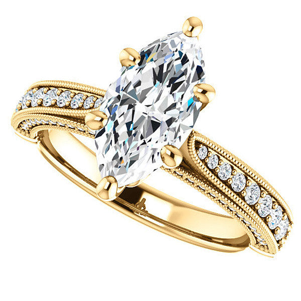 Marquise Moissanite Scroll Milgrain Engagement Ring
