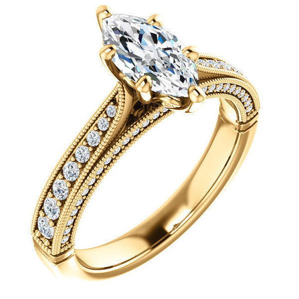 Marquise Moissanite Scroll Milgrain Engagement Ring