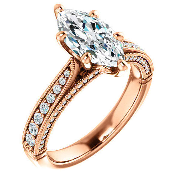 Marquise Moissanite Scroll Milgrain Engagement Ring