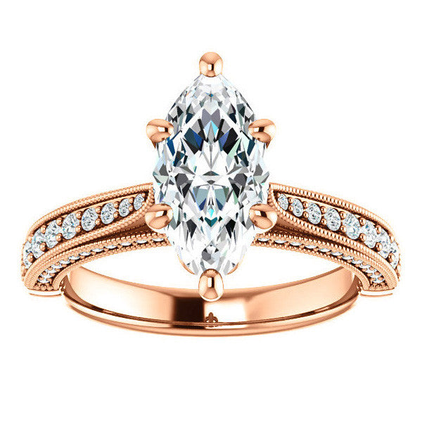 Marquise Moissanite Scroll Milgrain Engagement Ring