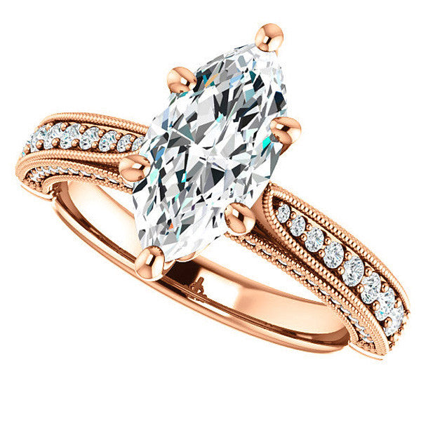 Marquise Moissanite Scroll Milgrain Engagement Ring