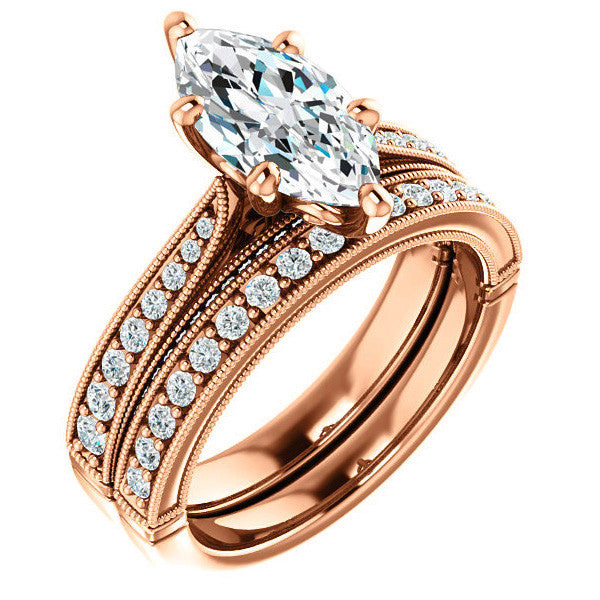 Marquise Moissanite Scroll Milgrain Engagement Ring