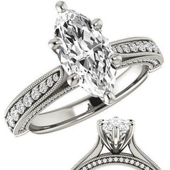 Marquise Moissanite Scroll Milgrain Engagement Ring