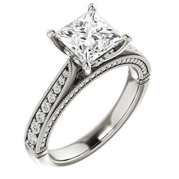 Princess Moissanite Scroll Milgrain Engagement Ring