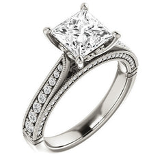 Princess Moissanite Scroll Milgrain Engagement Ring