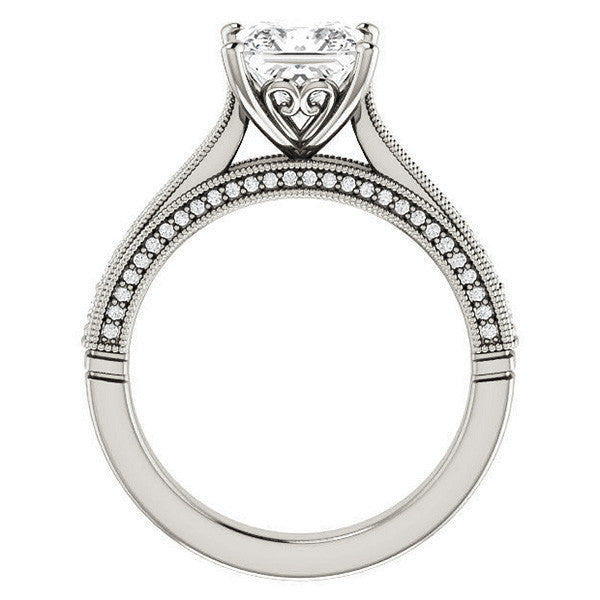 Princess Moissanite Scroll Milgrain Engagement Ring