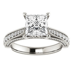 Princess Moissanite Scroll Milgrain Engagement Ring
