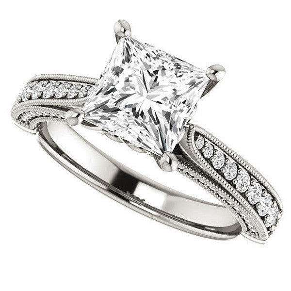 Princess Moissanite Scroll Milgrain Engagement Ring