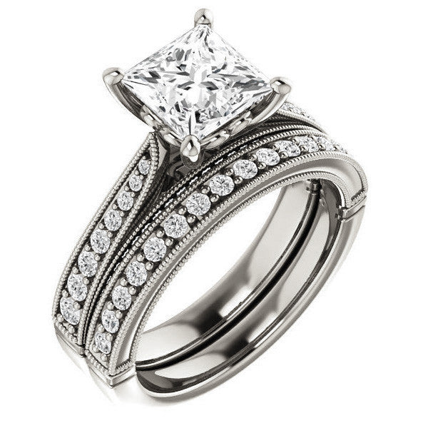 Princess Moissanite Scroll Milgrain Engagement Ring