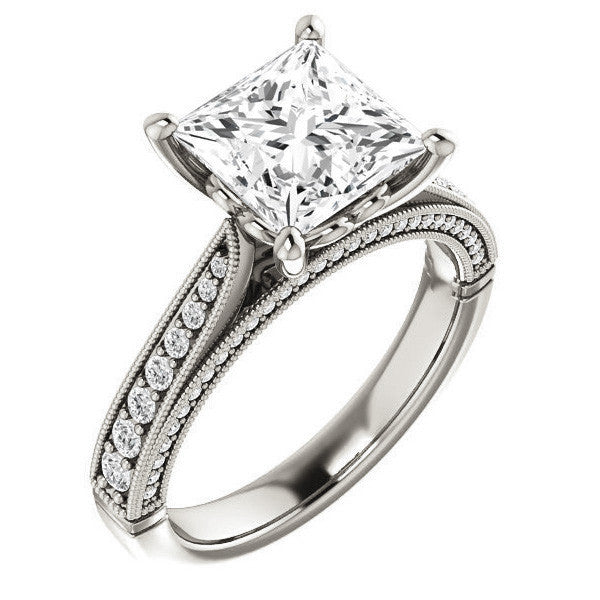 Princess Moissanite Scroll Milgrain Engagement Ring