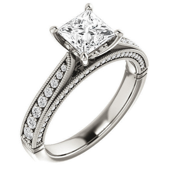 Princess Moissanite Scroll Milgrain Engagement Ring