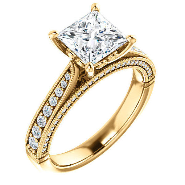 Princess Moissanite Scroll Milgrain Engagement Ring
