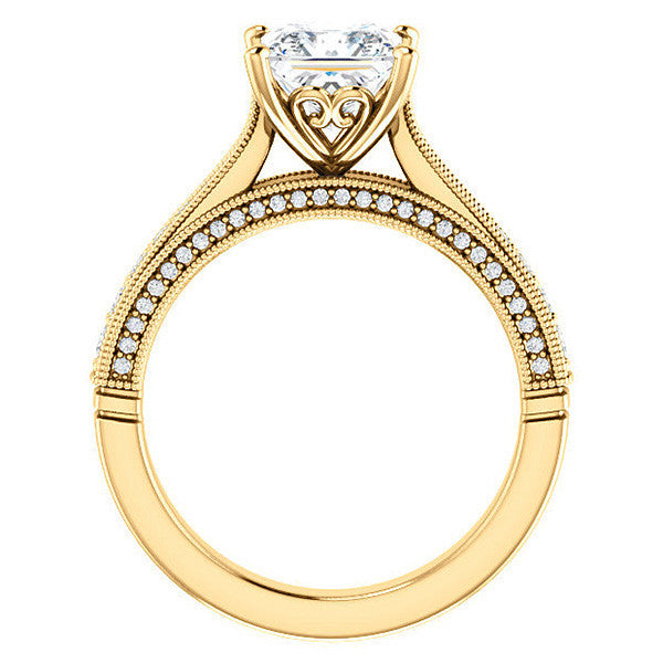 Princess Moissanite Scroll Milgrain Engagement Ring