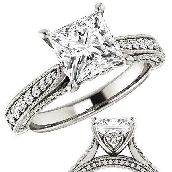 Princess Moissanite Scroll Milgrain Engagement Ring