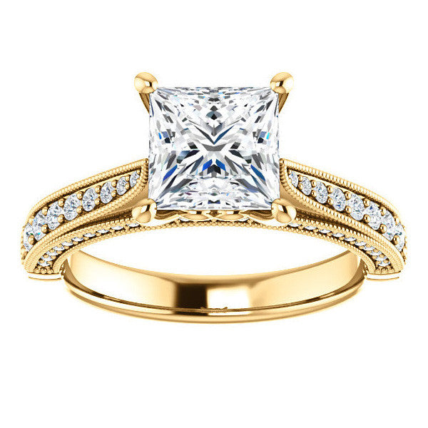 Princess Moissanite Scroll Milgrain Engagement Ring
