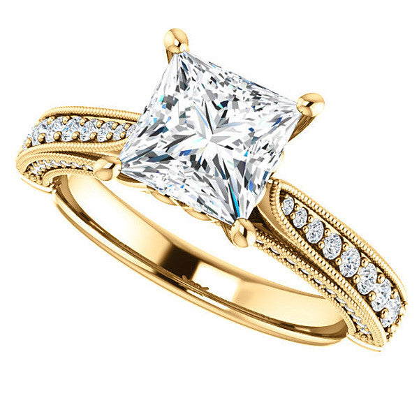 Princess Moissanite Scroll Milgrain Engagement Ring