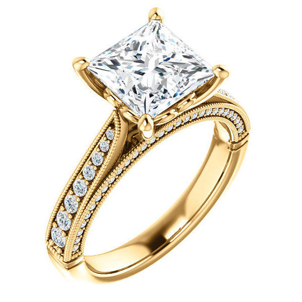 Princess Moissanite Scroll Milgrain Engagement Ring