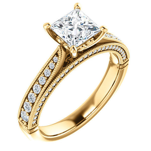 Princess Moissanite Scroll Milgrain Engagement Ring
