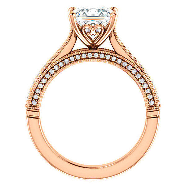 Princess Moissanite Scroll Milgrain Engagement Ring