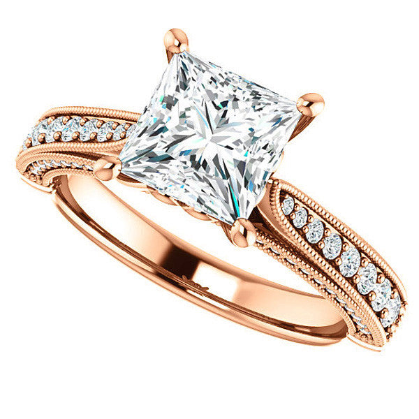 Princess Moissanite Scroll Milgrain Engagement Ring