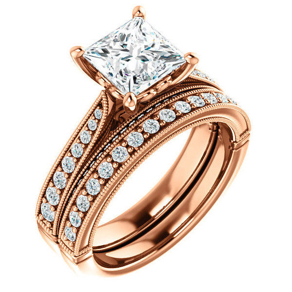 Princess Moissanite Scroll Milgrain Engagement Ring