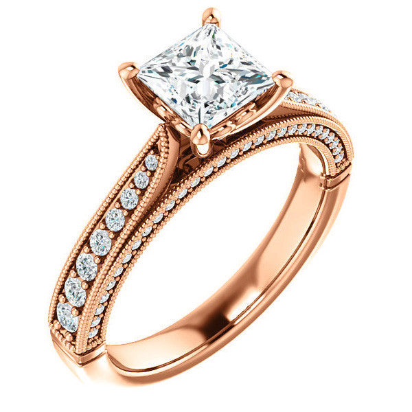 Princess Moissanite Scroll Milgrain Engagement Ring