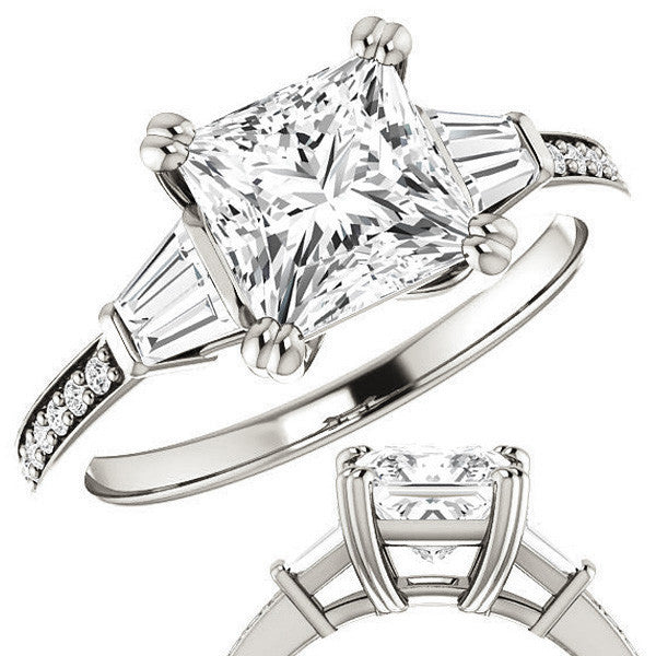 Princess cut Moissanite & Diamond Baguette Engagement Ring