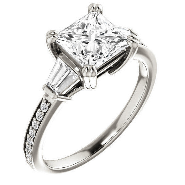 Princess cut Moissanite & Diamond Baguette Engagement Ring