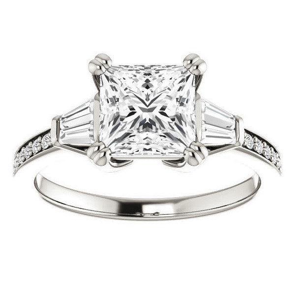 Princess cut Moissanite & Diamond Baguette Engagement Ring